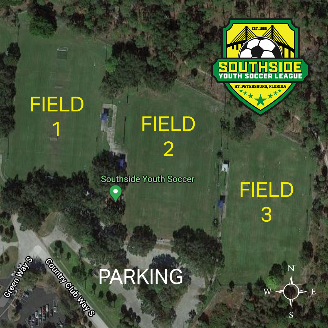 Field 1 on west side, field 2 in the middle, field 3 on east side